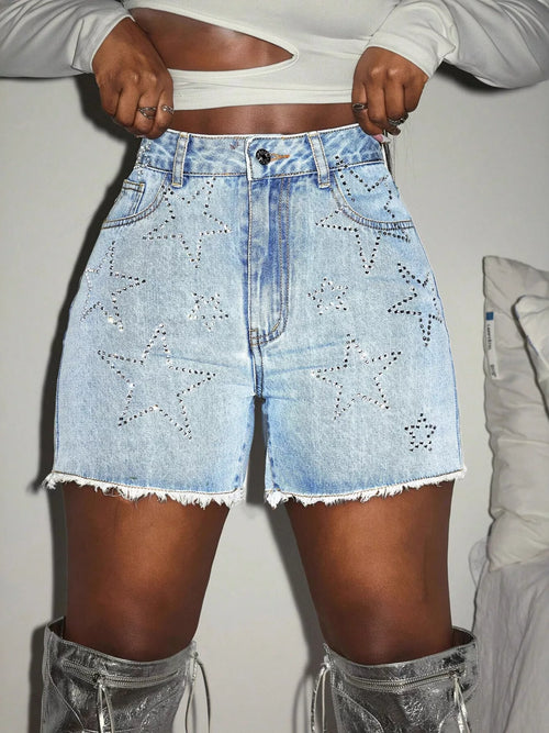 Star Raw Hem Denim Shorts in Blue