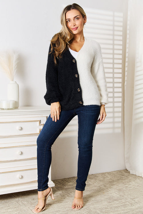 Contrast Button V-Neck Cardigan
