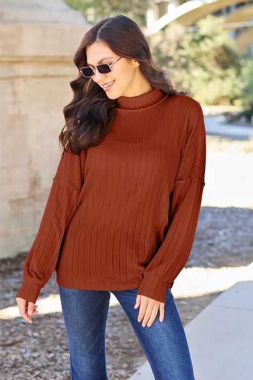 Full-Size Ribbed Mock-Neck Top in Turquoise