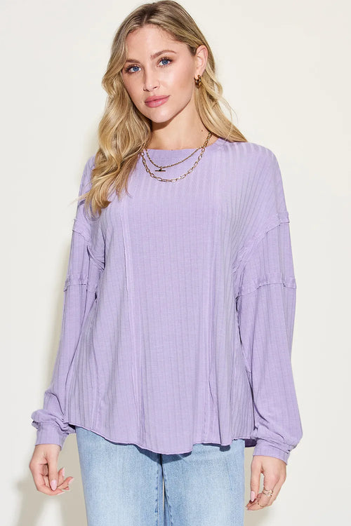 Full-Size Ribbed Long-Sleeve Tee in Lavender
