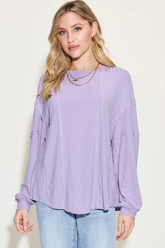 Full-Size Ribbed Long-Sleeve Tee in Lavender