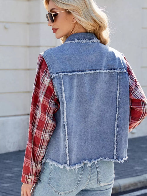 Plaid Sleeve Denim Jacket in Dusty Blue