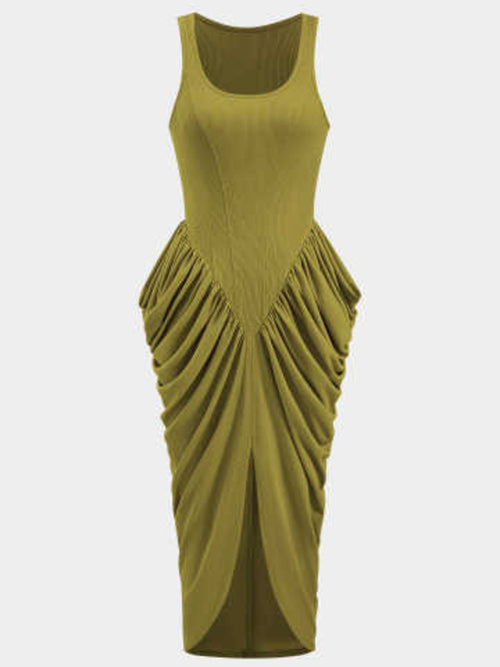 Ruched Slit Midi Dress in Olive
