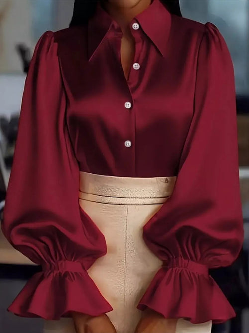 Satin Flounce Sleeve Shirt in Black