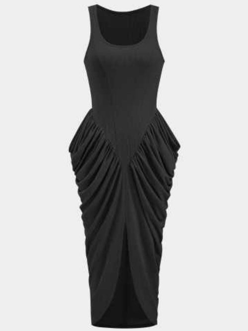 Ruched Slit Midi Dress in Ivory