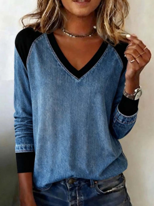Patchwork V Neck Blouse in Dusty Blue