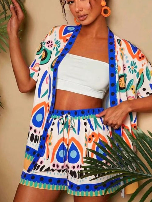 Printed Cardigan Shorts Set in Sage