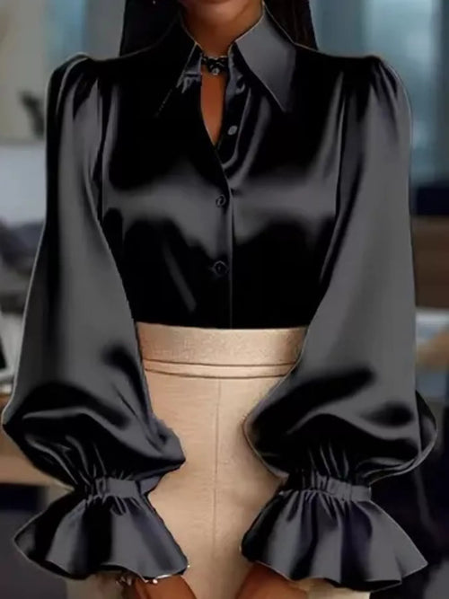 Satin Flounce Sleeve Shirt in Apricot