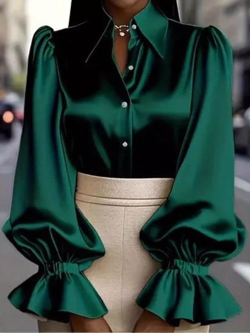 Satin Flounce Sleeve Shirt in Apricot
