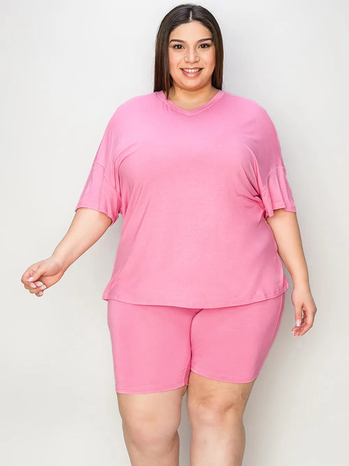 Full-Size V-Neck Tee & Shorts Set in Brown