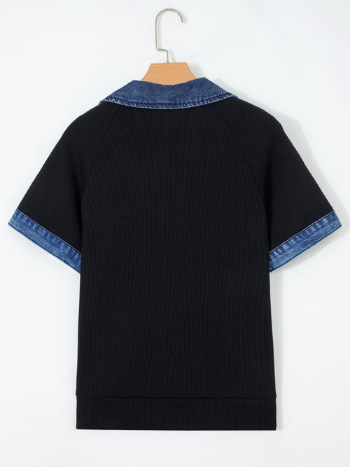 Denim Trim Button Detail Top in Black
