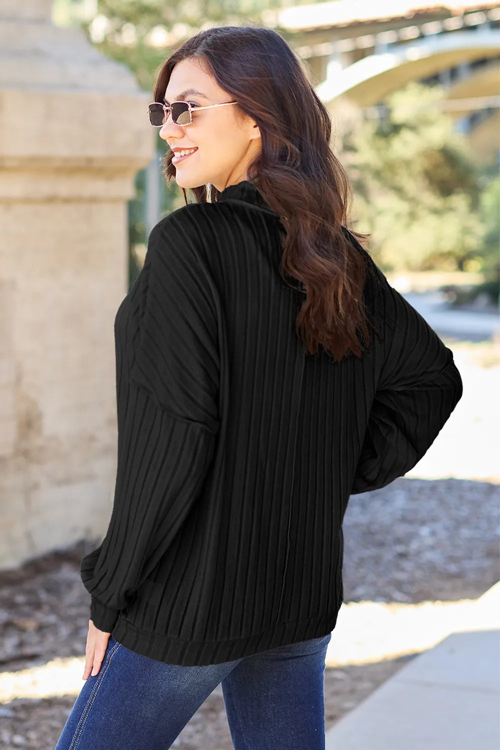 Full-Size Ribbed Mock-Neck Top in Hot Pink