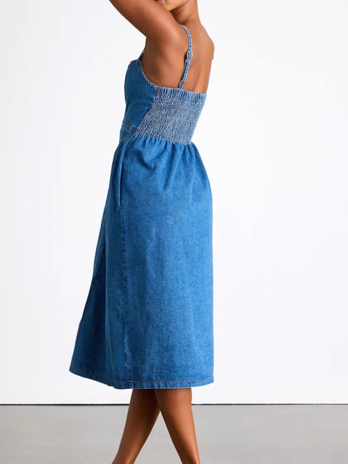 Denim Button Front Midi Dress in Dusty Blue
