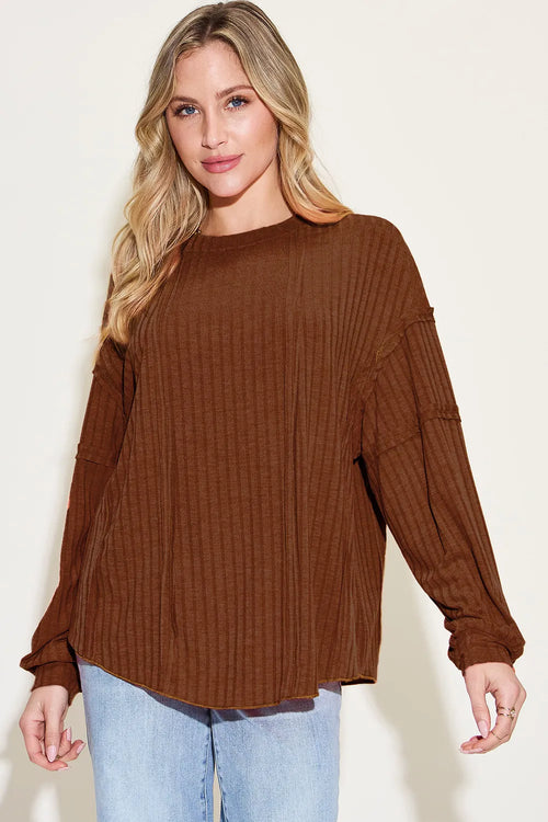 Full-Size Ribbed Long-Sleeve Tee in Dark Brown