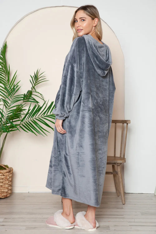 Full-Size Hooded Midi Lounge Dress in Mocha