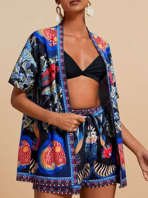 Printed Cardigan Shorts Set in Navy