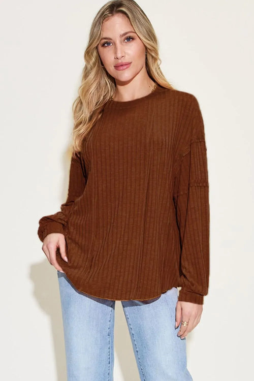 Full-Size Ribbed Long-Sleeve Tee in Dark Brown