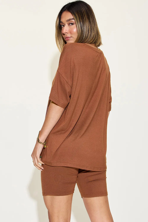 Full-Size V-Neck Tee & Shorts Set in Pink