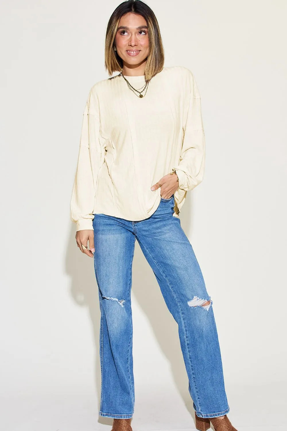 Full-Size Ribbed Long-Sleeve Tee in Black