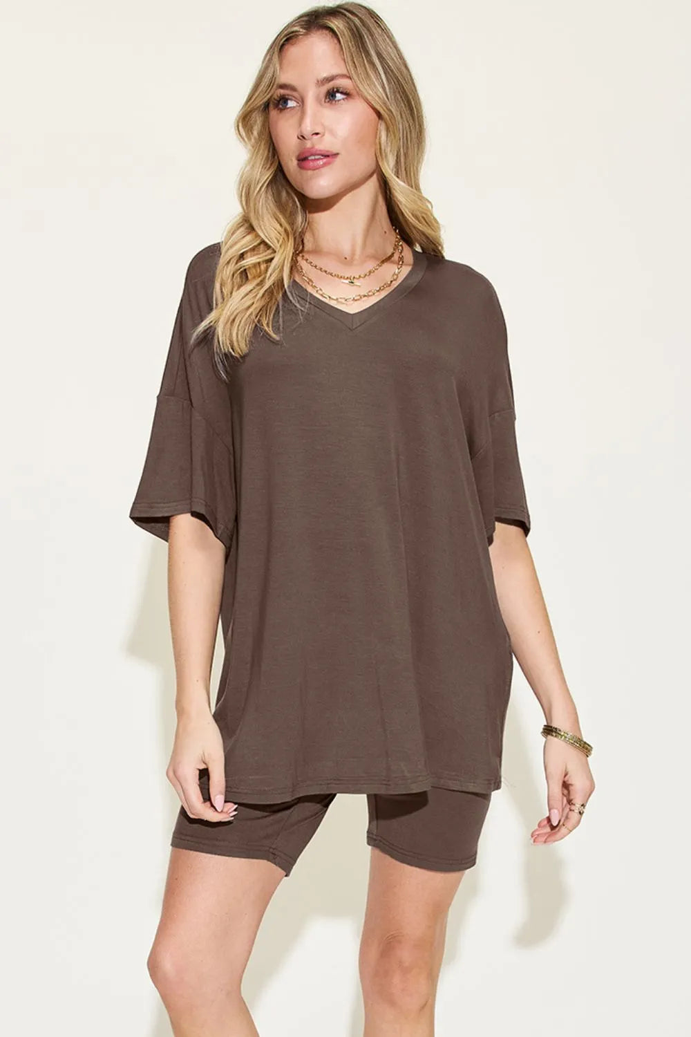 Full-Size V-Neck Tee & Shorts Set in Dark Gray