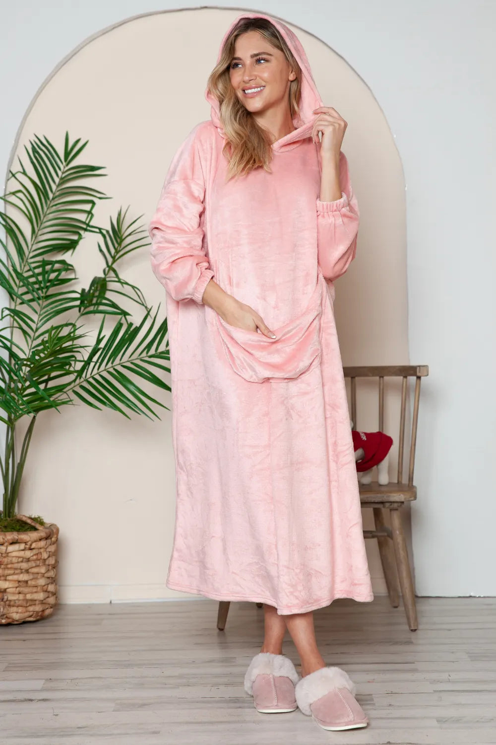 Full-Size Hooded Midi Lounge Dress in Dusty Pink