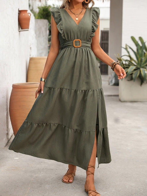 Ruffled Tiered Slit Dress in Green