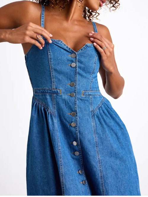 Denim Button Front Midi Dress in Dusty Blue