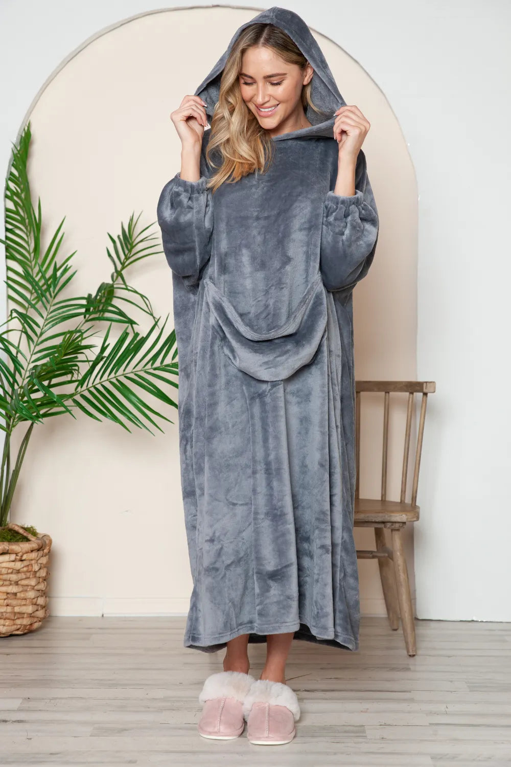 Full-Size Hooded Midi Lounge Dress in Mocha