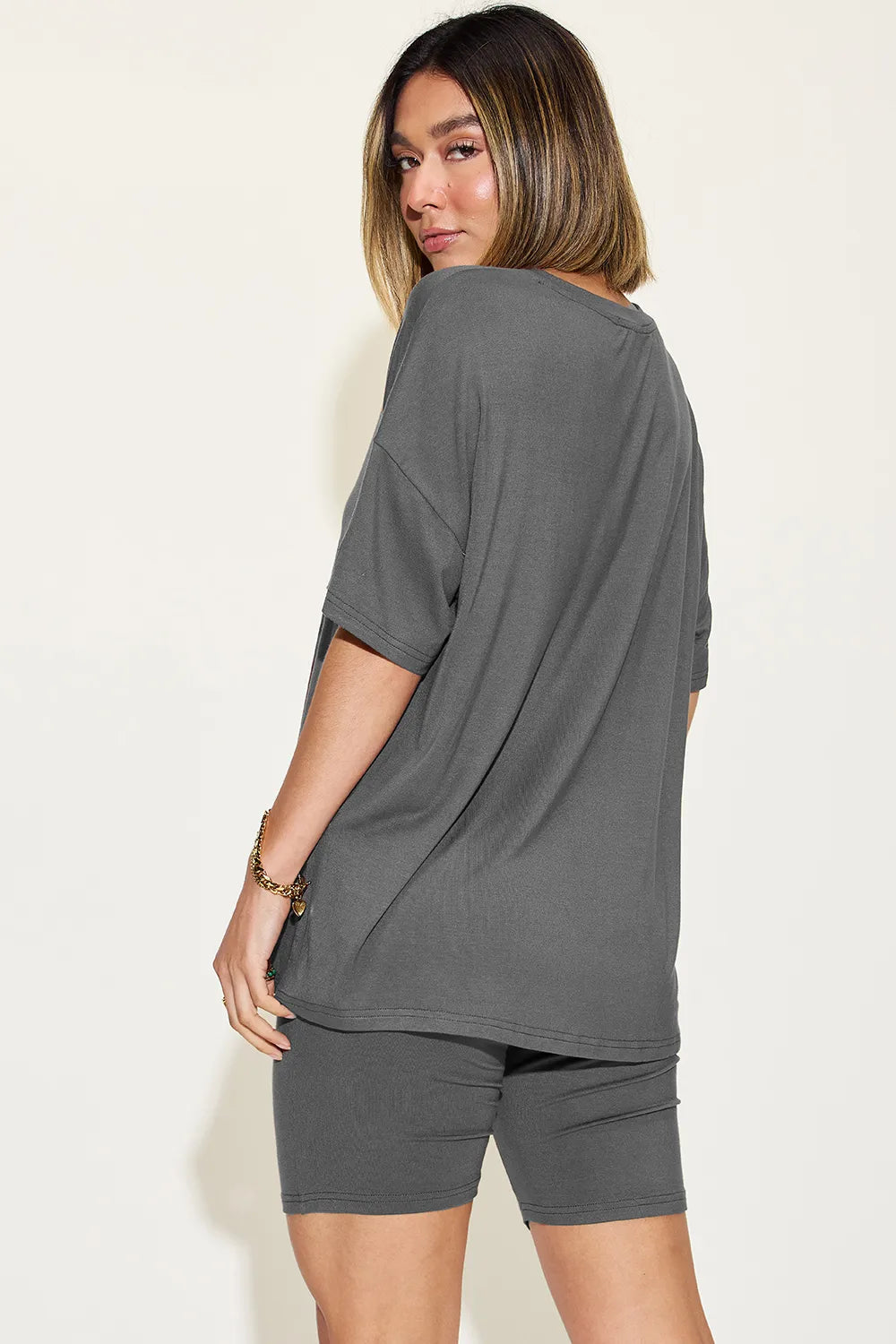 Full-Size V-Neck Tee & Shorts Set in Matcha Green
