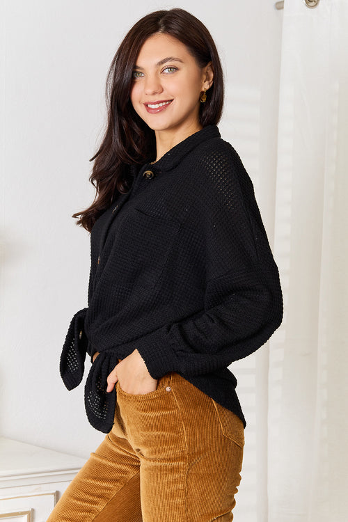 Waffle-Knit Collared Shirt in Black
