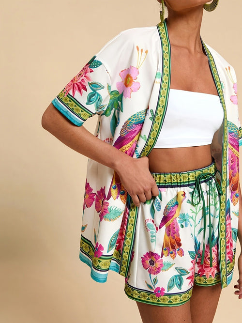 Printed Cardigan Shorts Set in Navy