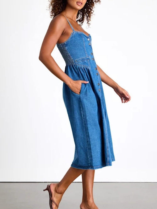 Denim Button Front Midi Dress in Dusty Blue