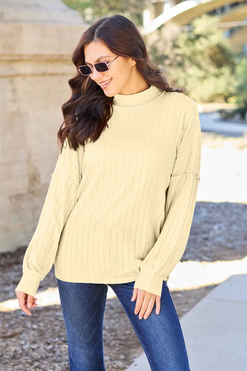 Full-Size Ribbed Mock-Neck Top in Rust