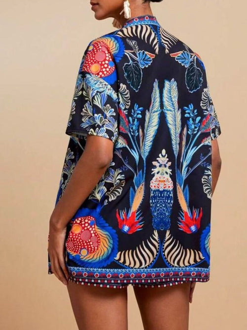 Printed Cardigan Shorts Set in Navy