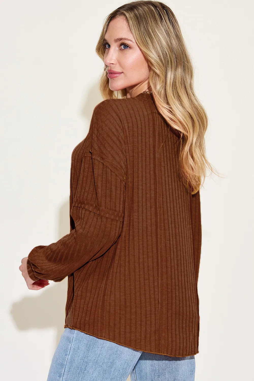 Full-Size Ribbed Long-Sleeve Tee in Dark Brown