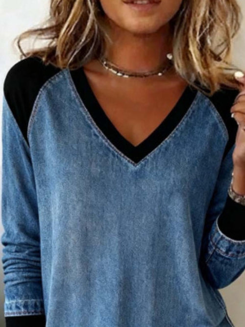 Patchwork V Neck Blouse in Dusty Blue