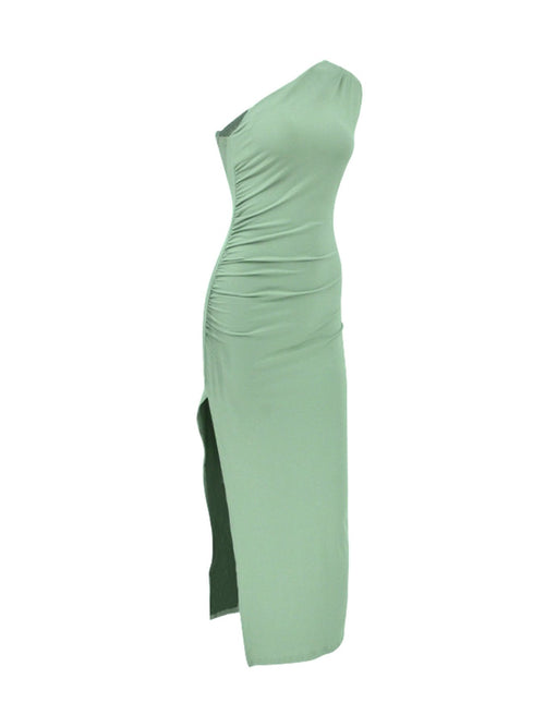 One Shoulder Ruched Slit Dress in Green