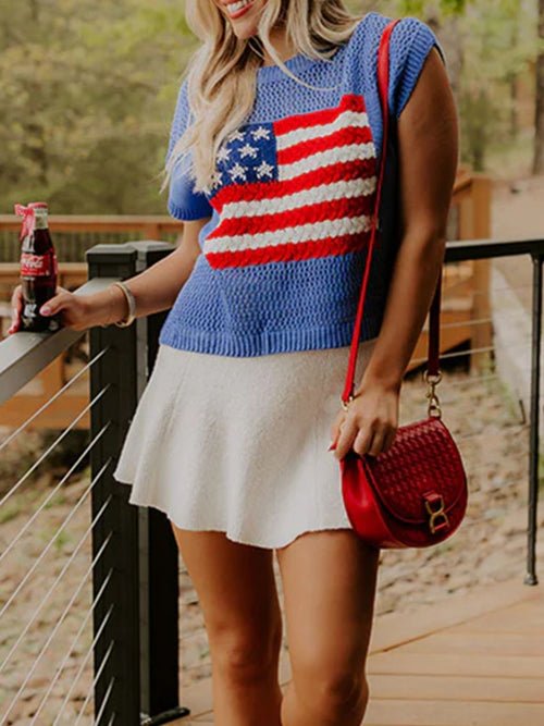 Flag Graphic Sweater Top in Dusty Blue