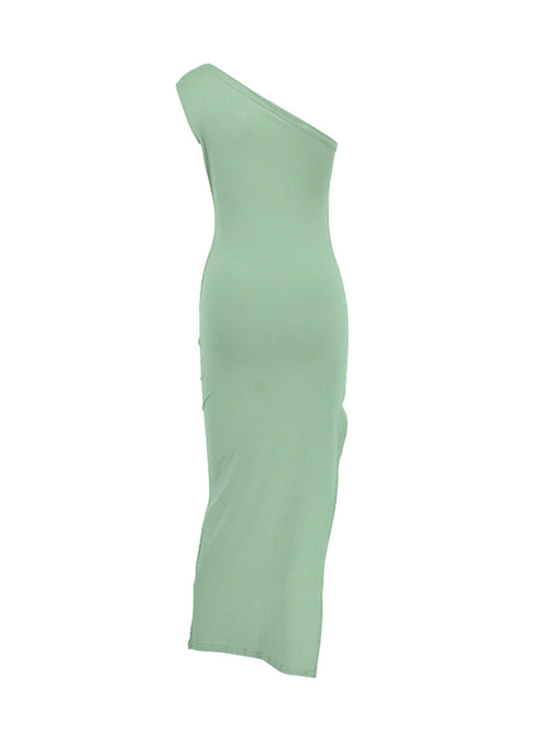 One Shoulder Ruched Slit Dress in Black