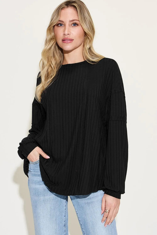 Full-Size Ribbed Long-Sleeve Tee in Orange