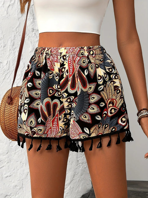 Paisley Tassel Hem Shorts in Black