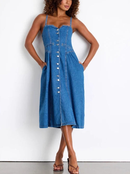 Denim Button Front Midi Dress in Dusty Blue