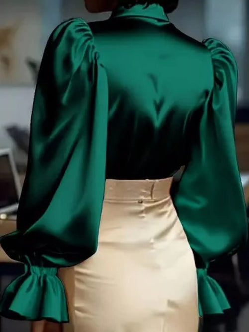 Satin Flounce Sleeve Shirt in Black